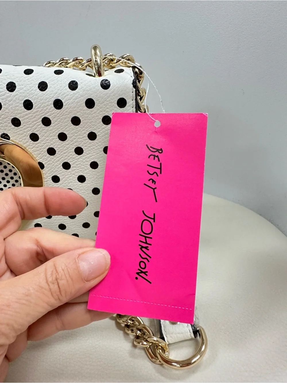 Betsey Johnson White Polka Dot Crossbody with Neon Heart Charm